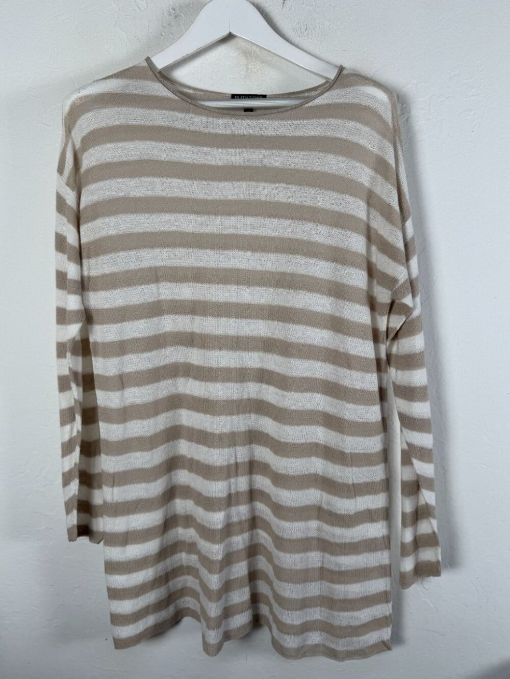 Eileen Fisher Organic Linen Cotton Sweater Womens Large Beige Striped Tunic Knit